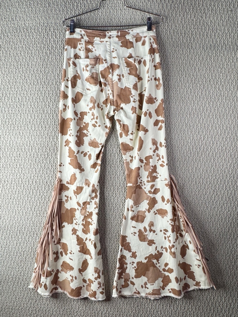 Altar’d State Cow Print Flare Pants M Fringe Western Boho Rodeo Festival Boho - Picture 2 of 9